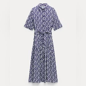 Zara Navy and White Printed Maxi Shirt Dress with Tie Belt